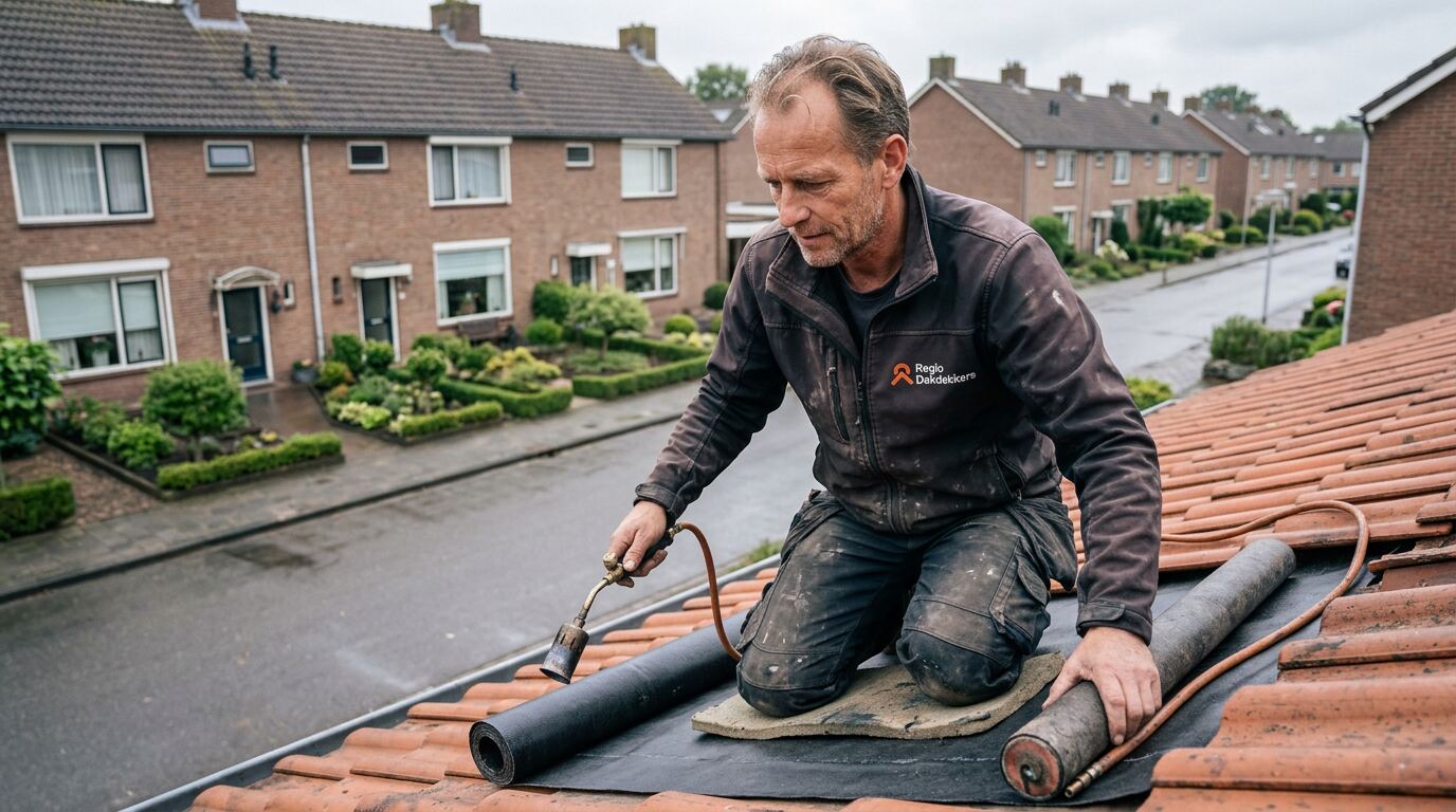 Gecertificeerde dakdekker van Regio Dakdekkers legt dakbedekking aan op een hellend dak