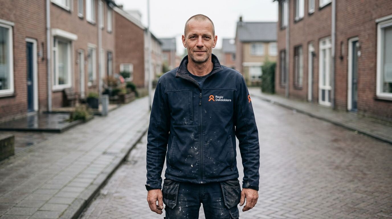 Dakdekker van Regio Dakdekkers in bedrijfskleding in een woonstraat in Midden-Nederland