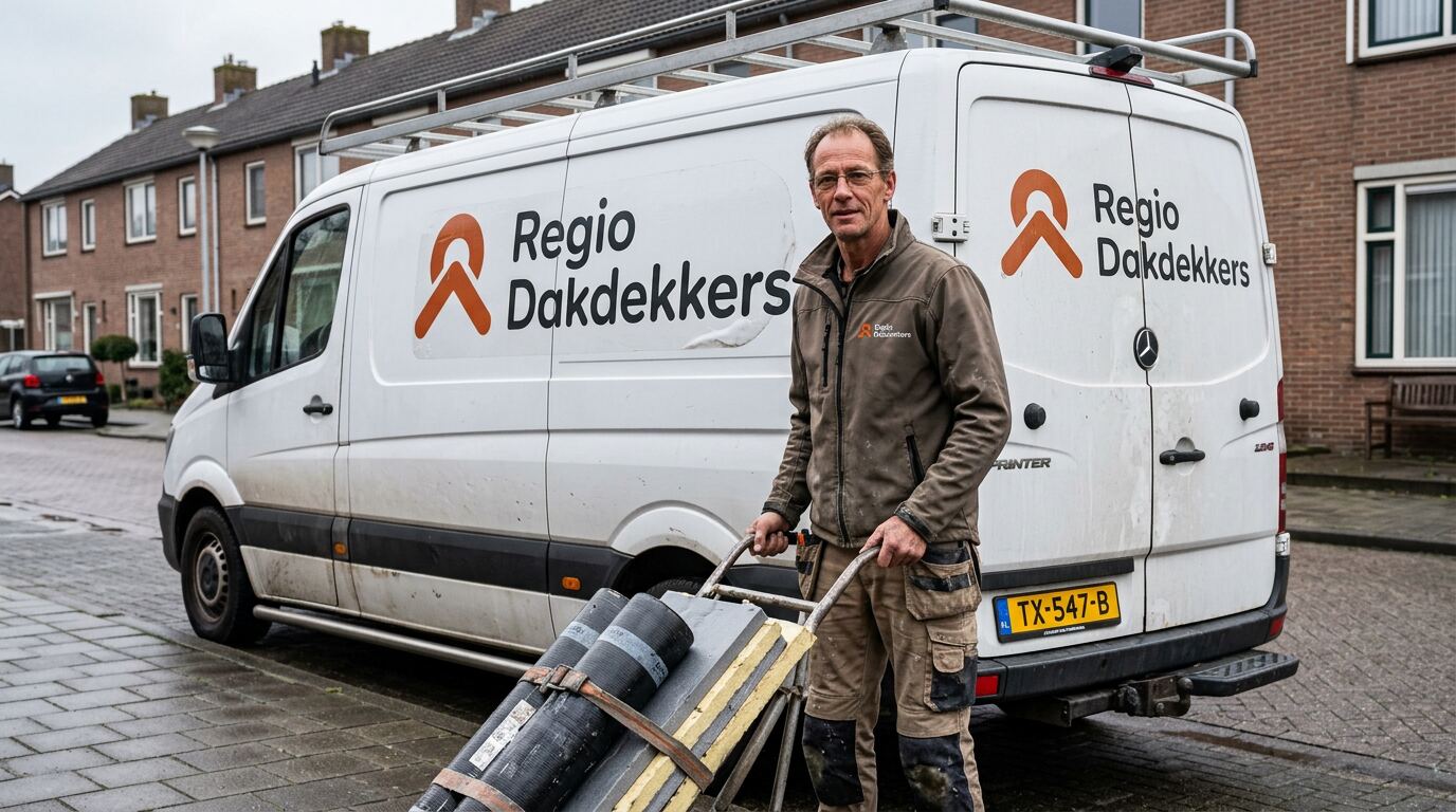 Voor de start: dakdekker met steekwagen vol rollen dakbedekking bij de bus