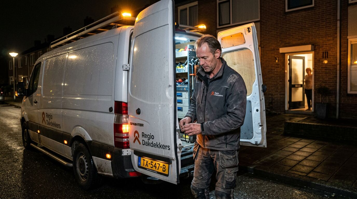 Na afloop: de klus wordt bij avond afgerond en de bus wordt ingeladen